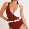 Maillot De Bain 1 Pièce Bi-couleur Marron Et Blanc MARIETA AUKANA