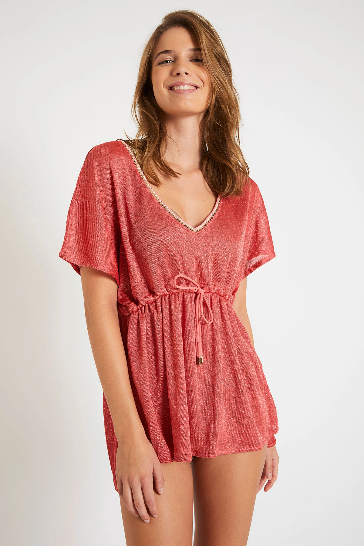 Tunique De Plage Courte Couleur Corail Brillante MILDAÉ ALACADEZA 4 Tunique De Plage Courte Couleur Corail Brillante MILDAÉ ALACADEZA – Image 2